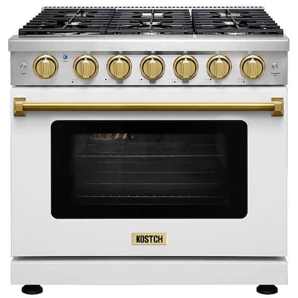36 in. 6 Burners Freestanding Natural Gas Range with 6.0 cu. ft. Convection Oven in White with Bronze Handle