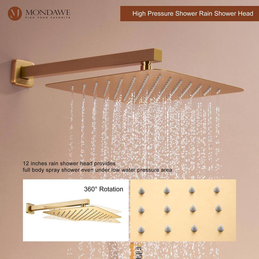 Brushed Gold Dual Square Wall Mounted Shower System with Body Jets