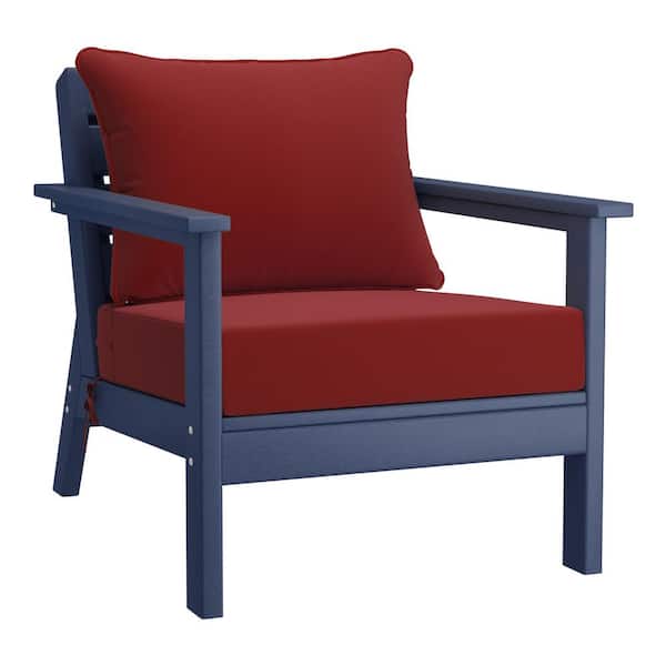WESTIN OUTDOOR Birchwood Outdoor Patio Deep Seating HDPE Plastic Lounge Chair in Navy Blue with Red Cushions