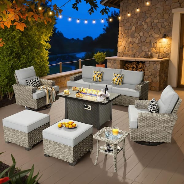 XIZZI Verve 9-Piece Wicker Rectangular Fire Pit Sets and Swivel Rocking Chairs with Grey Cushion