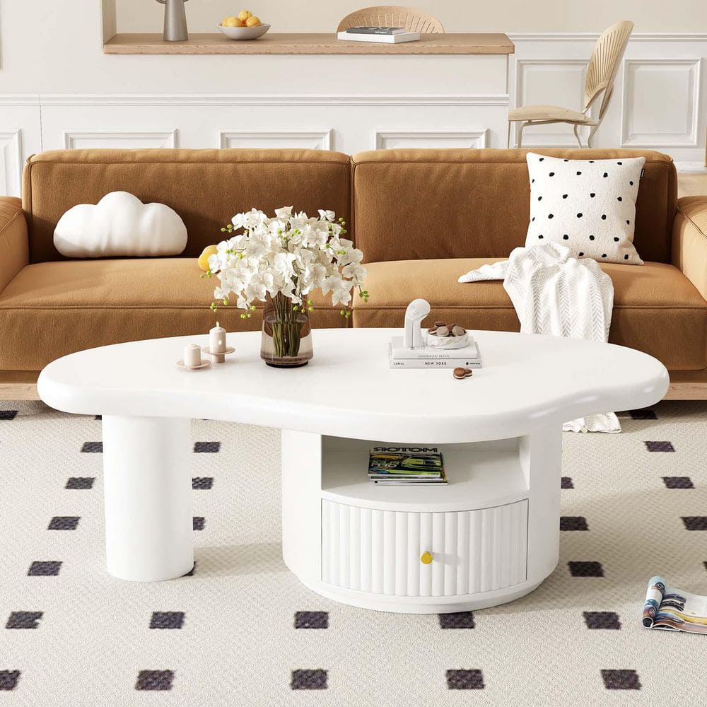 43.3 in. White Irregular Oval MDF Coffee Table Modern Accent Cocktail Table