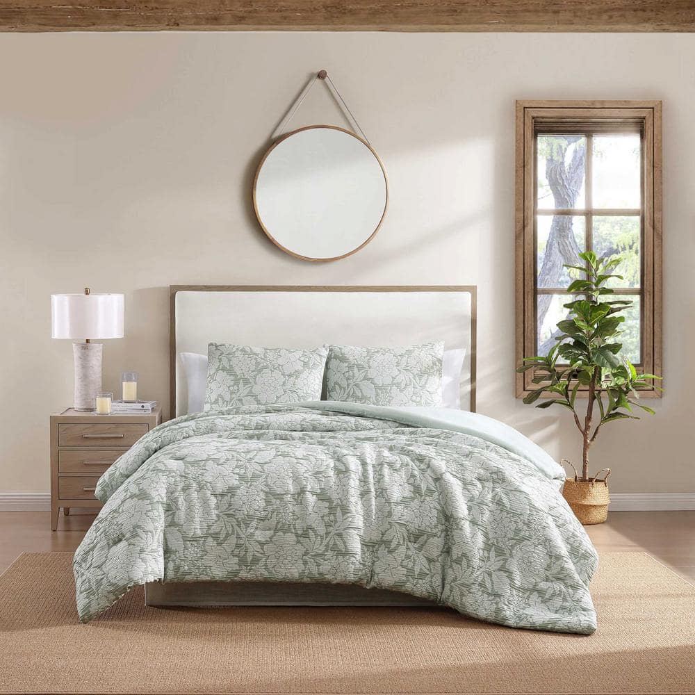 Sage Green Floral Reversible Full Bedding Set with Matelasse Weave