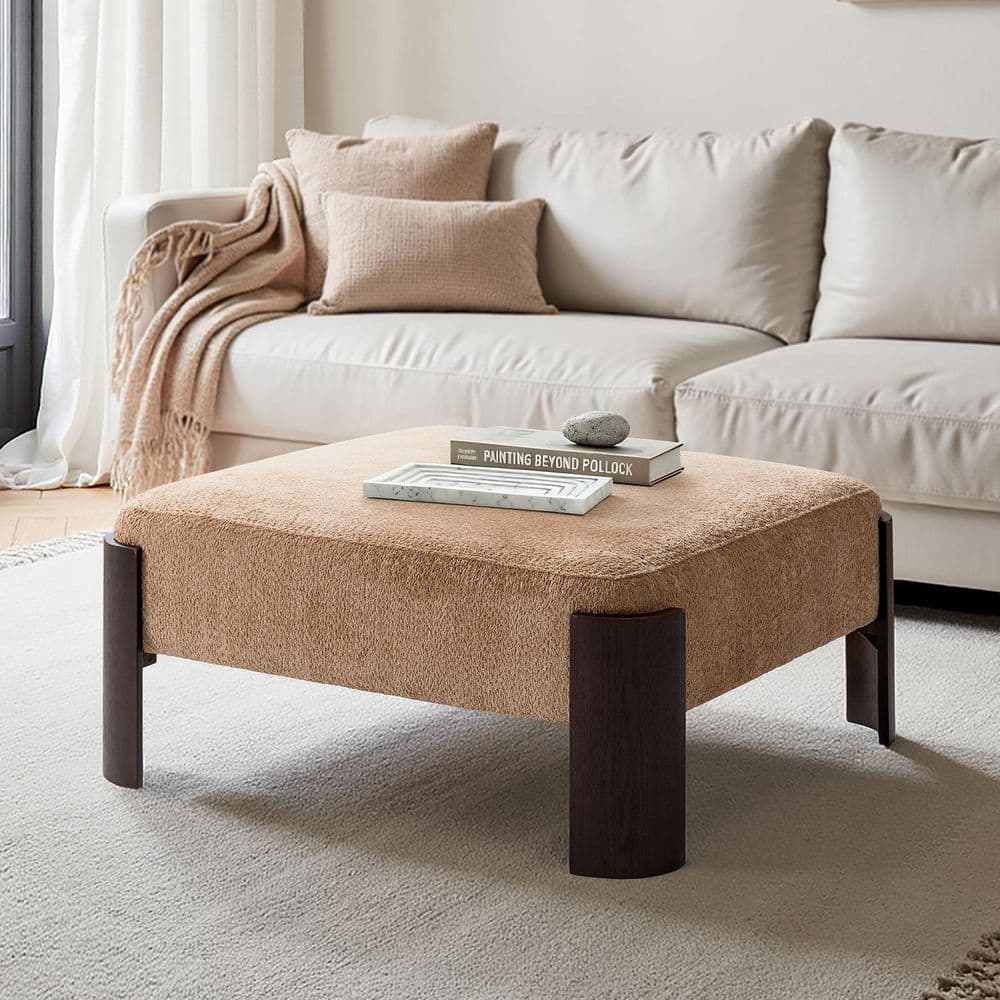 Savana Sand Polyester Rectangle Ottoman with Solid Wood Legs