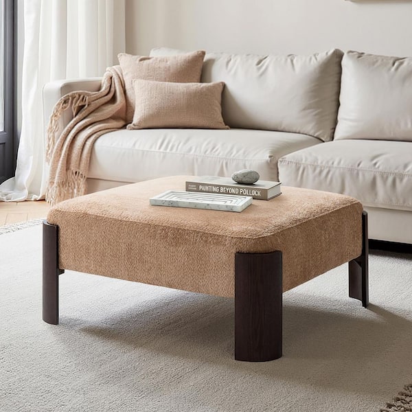 Savana Sand Polyester Rectangle Ottoman with Solid Wood Legs