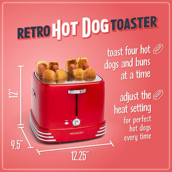 Retro Series 4-Slice Red Hot Dog and Bun Toaster with Crumb Tray and Mini Tongs