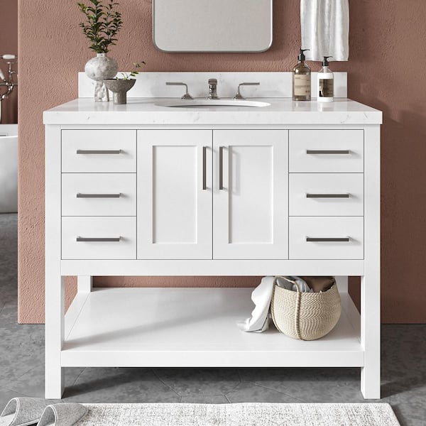 ARIEL Magnolia 42 in. W x 22 in. D x 36 in. H Single Freestanding Bath Vanity in White with Carrara Quartz Top