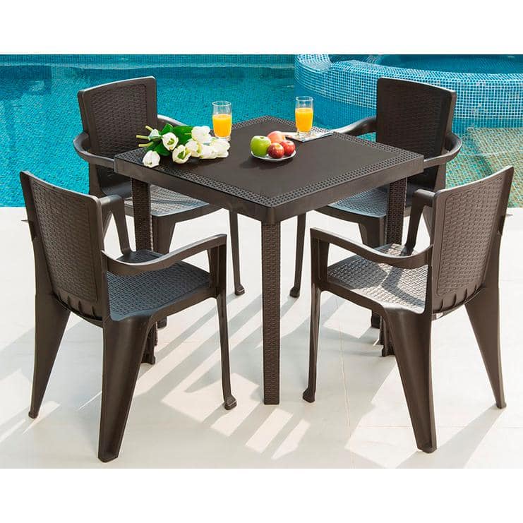 Espresso Polypropylene 4-Person Patio Dining Set with Rattan Look