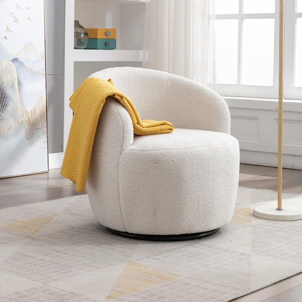 Unbranded White Teddy Fabric Swivel Accent Armchair Barrel Chair with Black Powder Coating Metal Ring