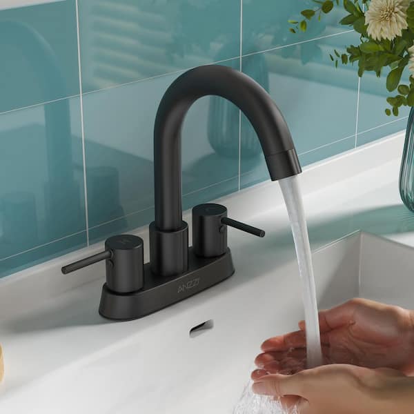Remnants 4 in. Centerset Double Handle Mid Arc Bathroom Sink Faucet with Drain Kit and Deckplate in Matte Black