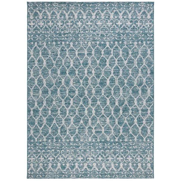 Courtyard Teal/Gray 8 ft. x 11 ft. Distressed Border Trellis Indoor/Outdoor Area Rug