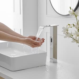DC Automatic Sensor Touchless Vessel Sink Faucet Polished Chrome Single Hole Bathroom Faucet with Pop Up Drain