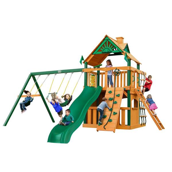 Gorilla Playsets Chateau Clubhouse Wooden Swing Set with Timber Shield Posts, Slide and Rock Wall