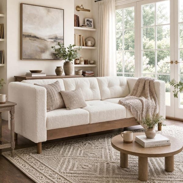 78 in. Modern Beige 3-Seater Chenille Sofa with Square Arms, Tufted Pillow Back & Walnut Rubber Wood Legs for Apartment