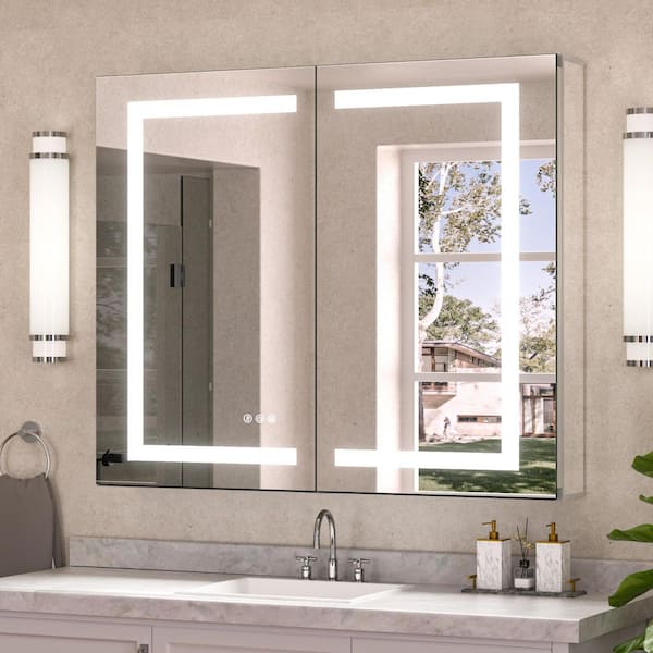 KeonJinn 36 in. W x 32 in. H Rectangular LED Lighted Anti-Fog Tempered Glass Aluminum Medicine Cabinet with Mirror in Silver