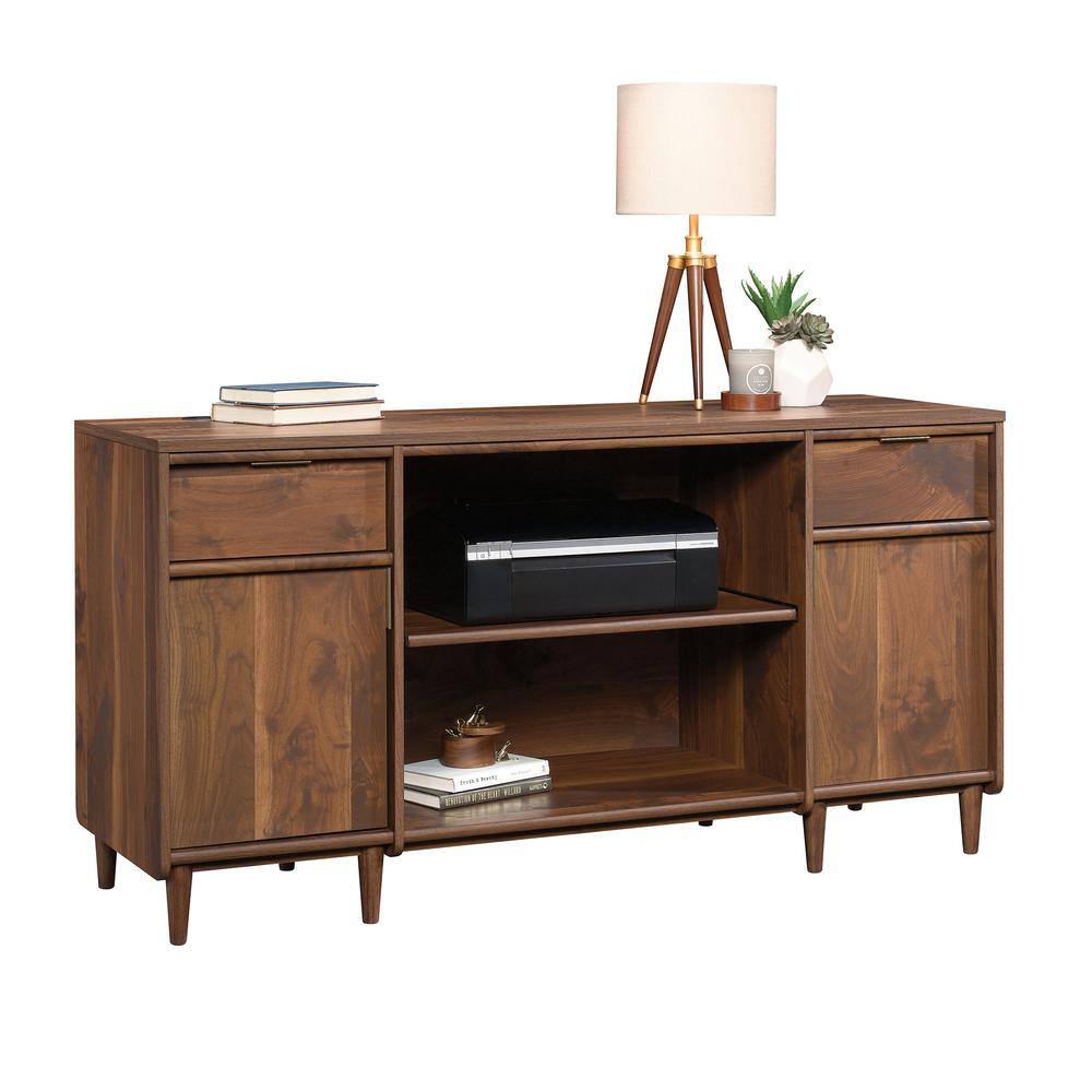 Grand Walnut Mid-Century 59'' Storage Credenza with Brass Accents