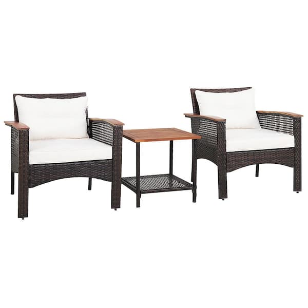 Costway 3-Pieces Wicker Patio Conversation Set Acacia Wood Table Top with Shelf and White Cushions