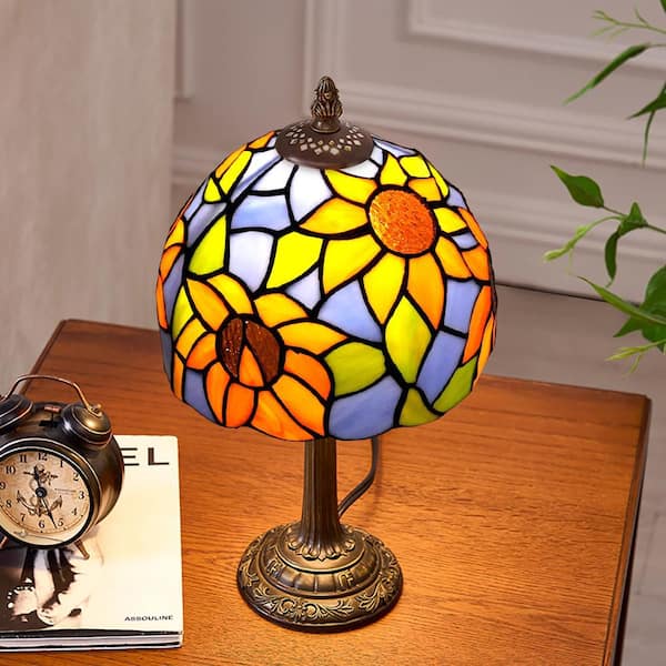 14 in. Multi-Colored Tiffany Style Bronze Finish Table Lamp with Sunflower Stained Glass Lamp Shade