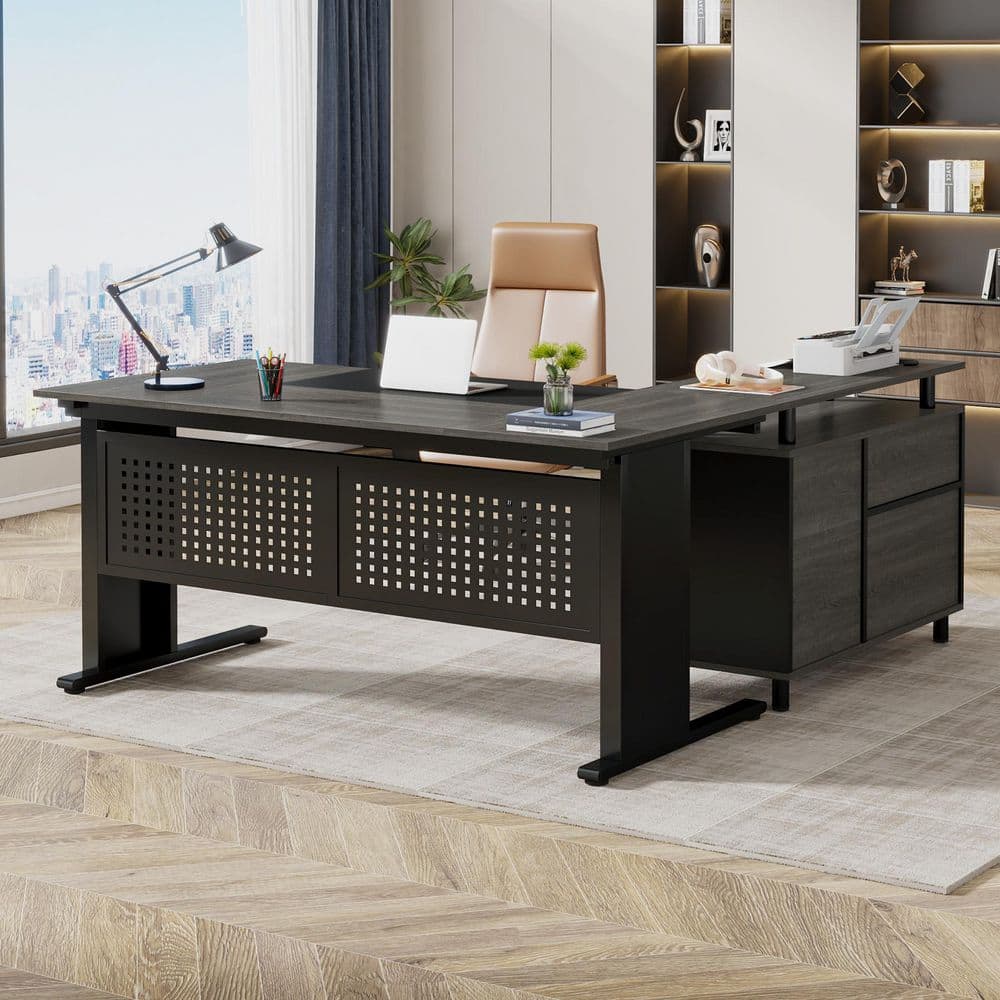 Tribesigns 63 in. Gray L Shaped Computer Desk with Drawers and