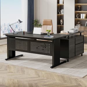 63 in. Gray L Shaped Computer Desk with Drawers and Storage Shelves, Executive Desk with File Cabinet for Home Office