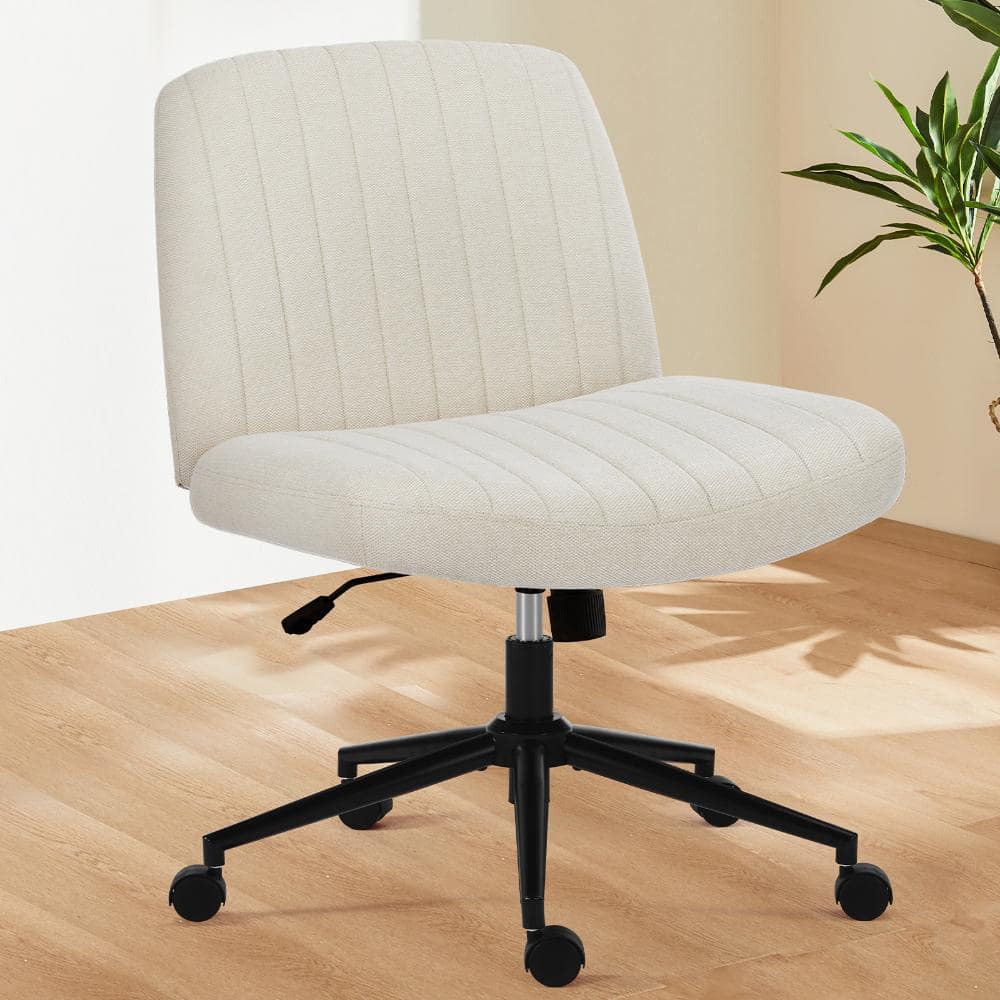 Luxurious Fabric Wide Seat 360° Swivel Adjustable Height Ergonomic Desk Chair in Ivory with Wheels