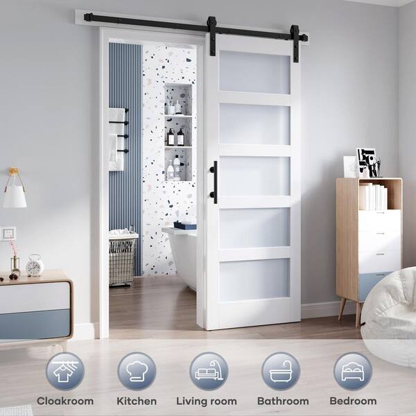 28 in. x 84 in. 5-Lite Tempered Frosted Glass White Finished Solid Core MDF Wood Sliding Barn Door with Hardware Kit