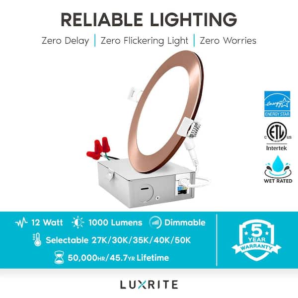Luxrite 6 Ultra Thin LED Recessed Light with J-Box 12W 5 Color options Dimmable 1000 Lumens Copper Trim (4 Pack)