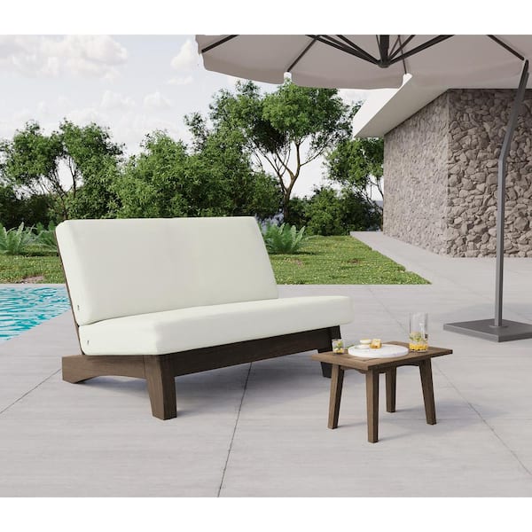 Uixe 2-Piece Acacia Wood Brown Outdoor Club One Loveseat Chair with Removable White Cushions and Coffee Table