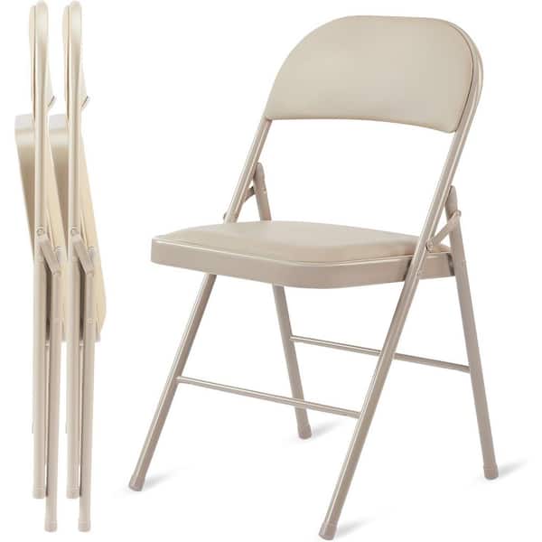 2 Pack Folding Chairs with Leather Padded Cushion Seats and Durable Metal Frame, Comfortable, Foldable, Portable, Kahki