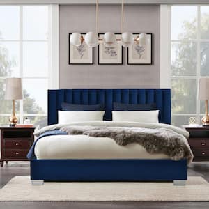 Navy Blue Full Tufted Upholstered Platform Bed Frame Flannel Headboard