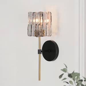 Echonalyri Modern Matte Black Glam Square 1-Light Wall Sconce Brass Accent Wall Light with Gray Textured Glass Shade