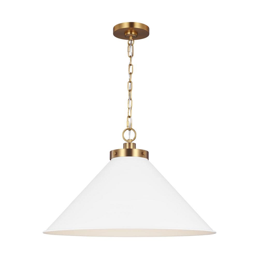 Matte White and Burnished Brass Cone Pendant Light
