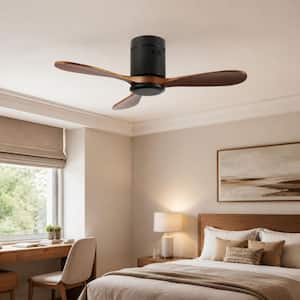 42 in. Black Flush Mount Low Profile Wooden Blade Standard Ceiling Fan with Remote Control for Bedroom, Living Room