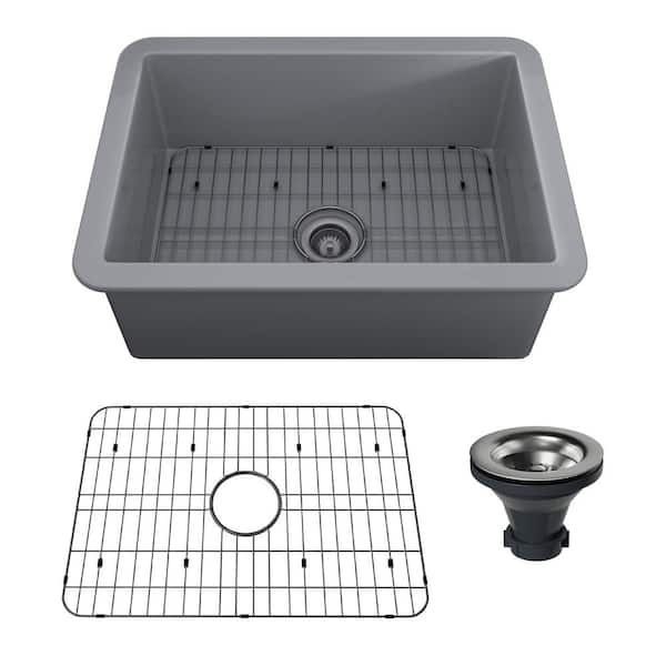 CASAINC Matte Gray Fireclay 27 in. Single Bowl Undermount Kitchen Sink with Bottom Grid and Drainer