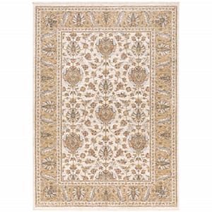 Ivory and Gold 3 ft. x 5 ft. Oriental Power Loom Stain Resistant Fringe with Area Rug