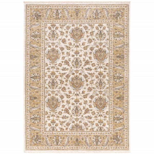 HomeRoots Ivory and Gold 3 ft. x 5 ft. Oriental Power Loom Stain ...