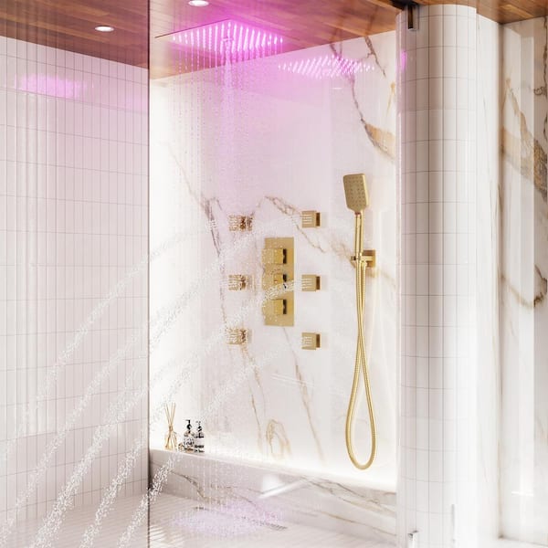 Luxury Thermostatic LED 4-Spray 12 in. Wall Mount Rainfall Dual Shower Heads with 1.8 GPM 6-Jets in Brushed Gold