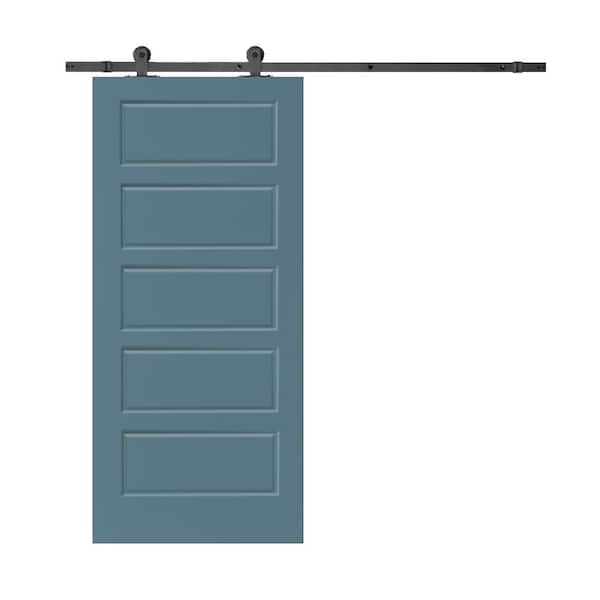 CALHOME 36 in. x 80 in. Dignity Blue Stained Composite MDF 5 Panel Interior Sliding Barn Door with Hardware Kit