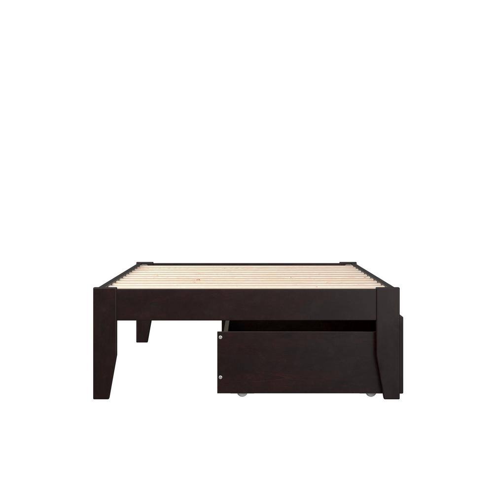 Espresso Twin Wood Platform Bed with 2 Storage Drawers