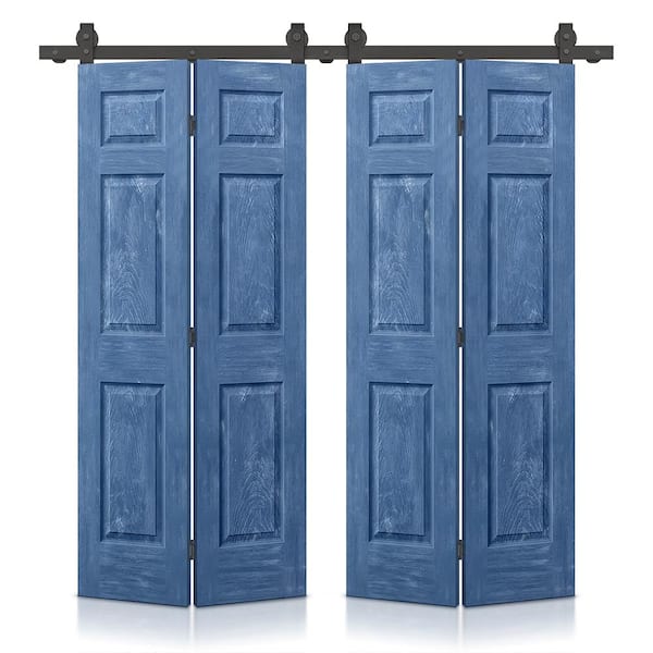 CALHOME 72 in. x 84 in. Hollow Core Vintage Blue Stain 6 Panel MDF Double Bi-Fold Barn Door with Sliding Hardware Kit