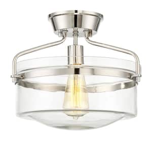 Meridian 13.25 in. W x 11 in. H 1-Light Polished Nickel Semi-Flush Mount Ceiling Light with Clear Glass Shade