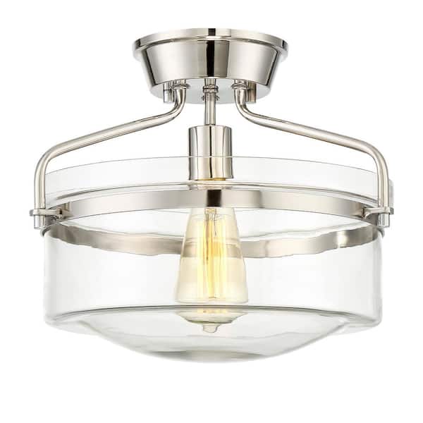 TUXEDO PARK LIGHTING 13.25 in. W x 11 in. H 1-Light Polished Nickel Semi-Flush Mount Ceiling Light with Clear Glass Shade
