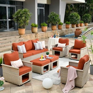 Aphrodite 7-Piece Wicker Outdoor Patio Conversation Seating Sofa Set with Orange Red Cushions