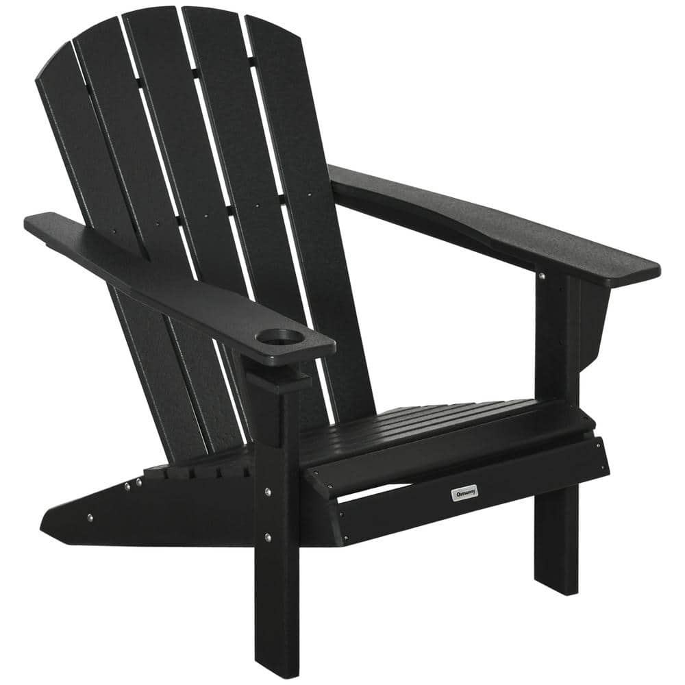 Outsunny Black Reclining Plastic Adirondack Chair with Cup Holder, High ...