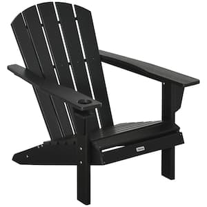Black Reclining Plastic Adirondack Chair with Cup Holder, High Back and Wide Seat