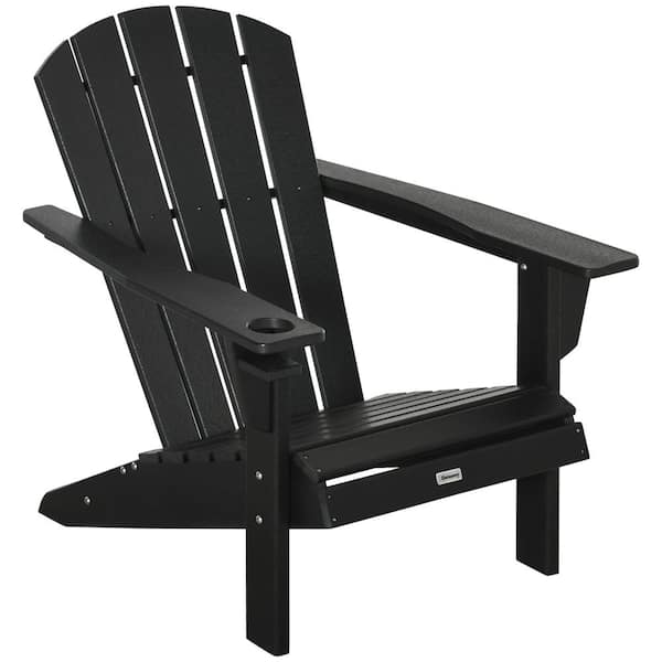Outsunny Black Reclining Plastic Adirondack Chair with Cup Holder, High Back and Wide Seat
