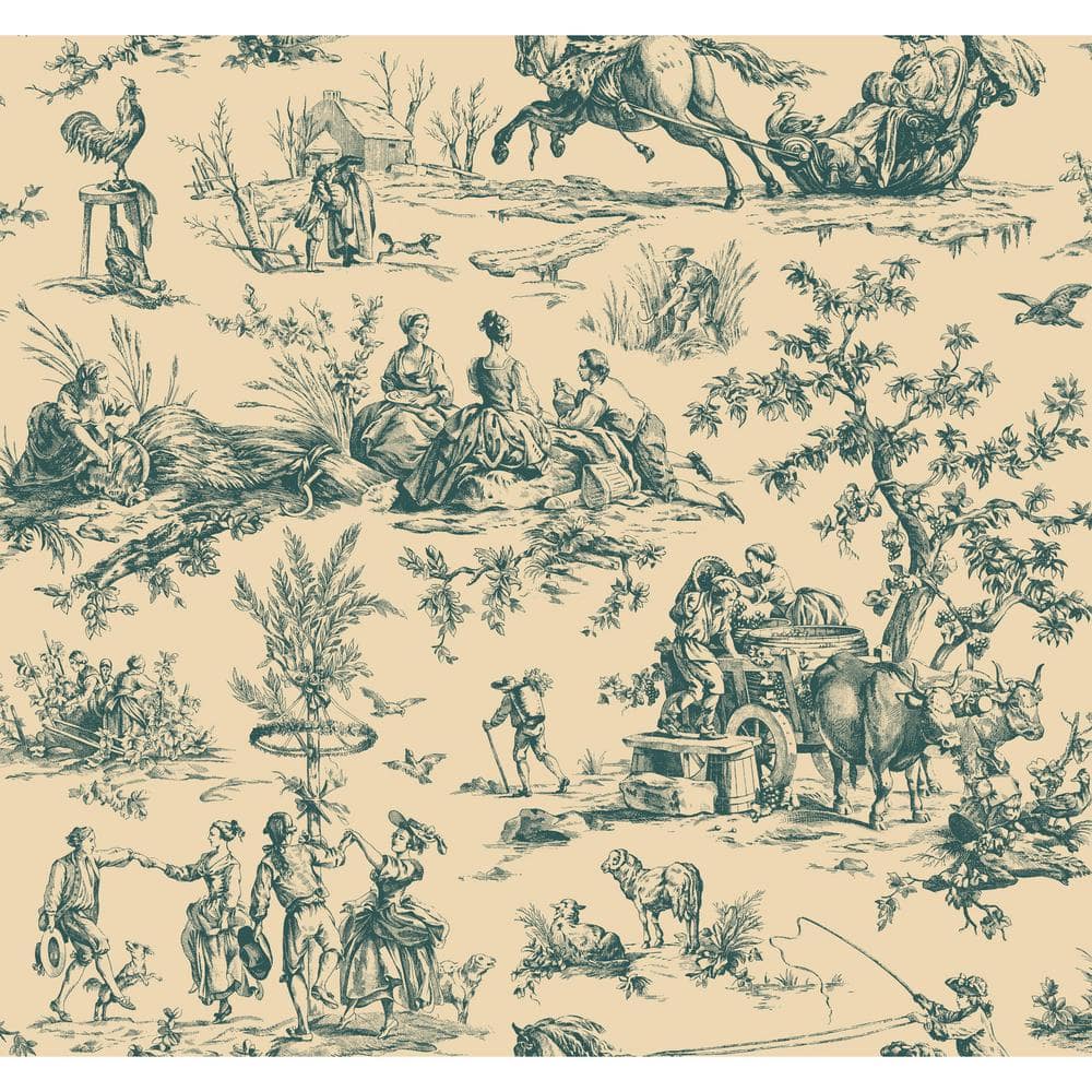 Blue and Tan Colonial Farmstead Toile Wallpaper