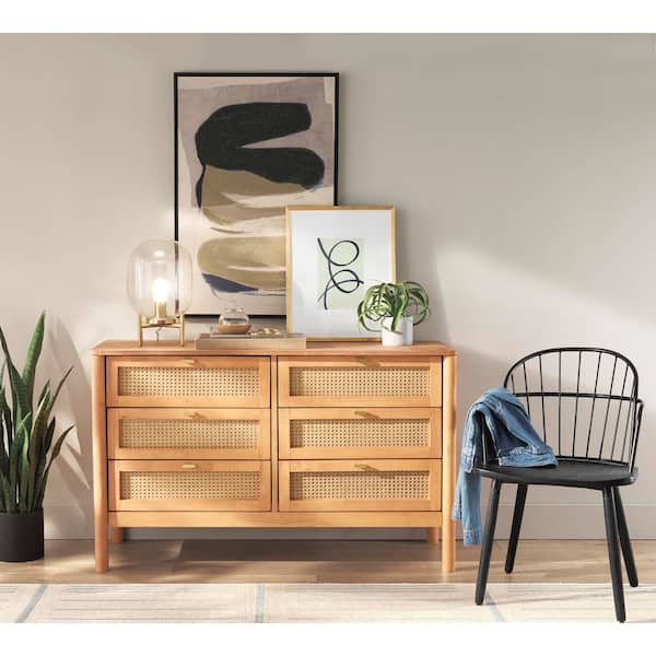 brown distressed dresser Baxton Studio Jenn Wood 6-Drawer with Finished Rattan in Golden the angled legs of