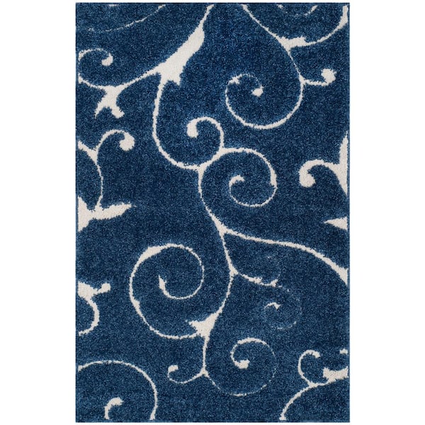 SAFAVIEH Florida Shag Dark Blue/Cream Doormat 3 ft. x 5 ft. Floral Area Rug