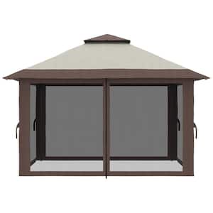 13 ft. x 13 ft. Beige Pop Up Gazebo with Netting, Instant Canopy Tent Shelter with 2-Tier Roof, Wheeled Carry Bag