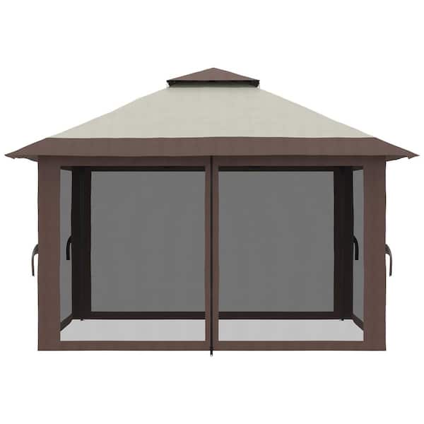Sudzendf 13 ft. x 13 ft. Beige Pop Up Gazebo with Netting, Instant Canopy Tent Shelter with 2-Tier Roof, Wheeled Carry Bag